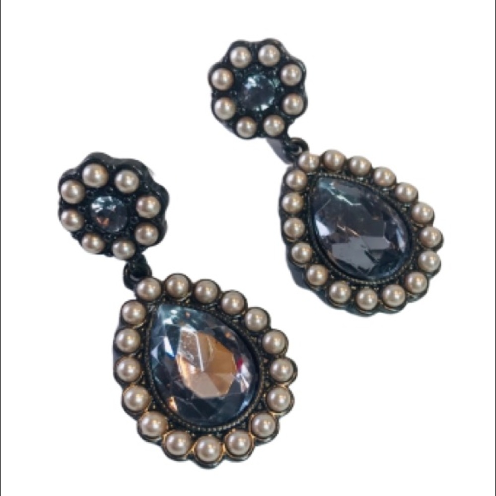 Pearl & Gray Diamond Vintage Style Drop Earrings
